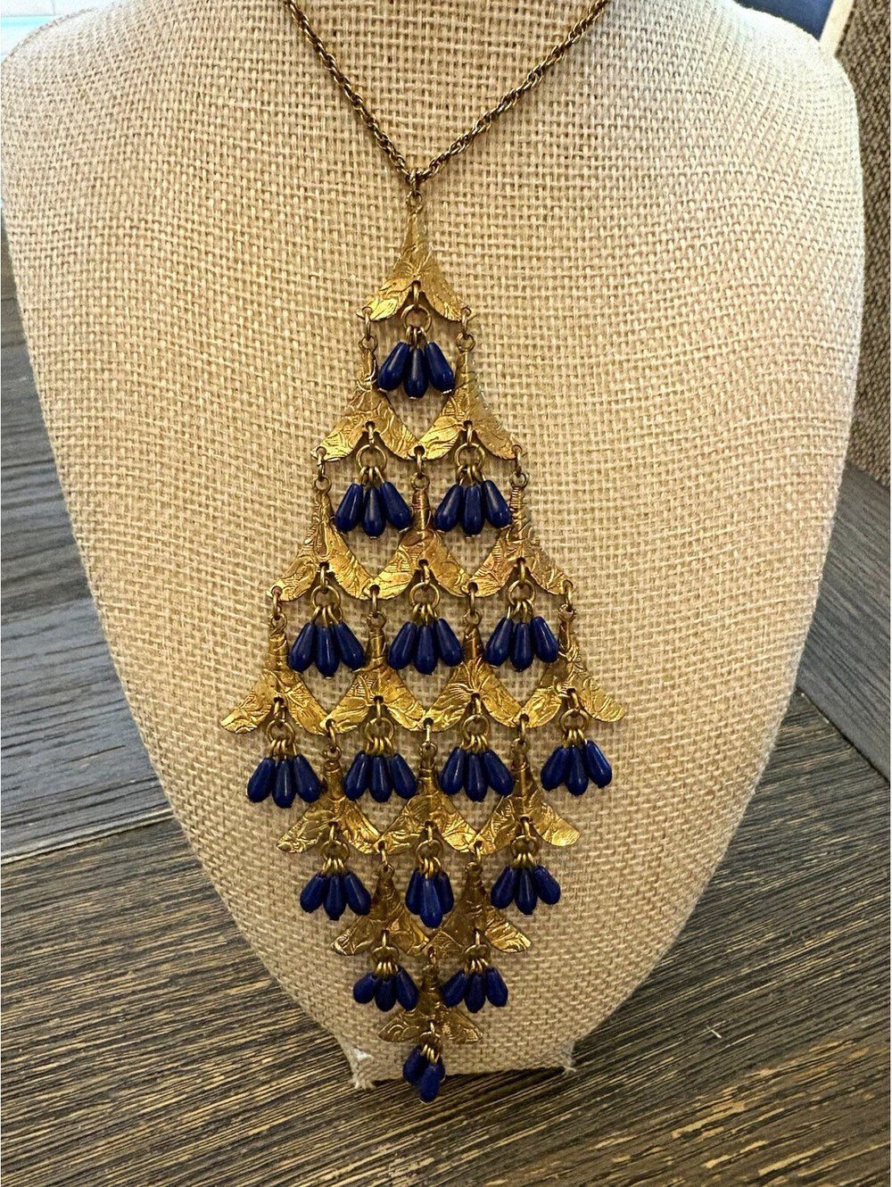 Estate Gold Tone blue glass layered Chain Necklace 28”